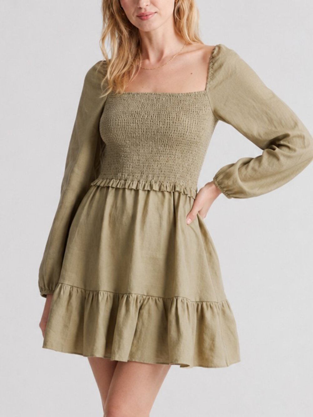 Quince Washed Olive European Linen Smocked Mini Dress Size M